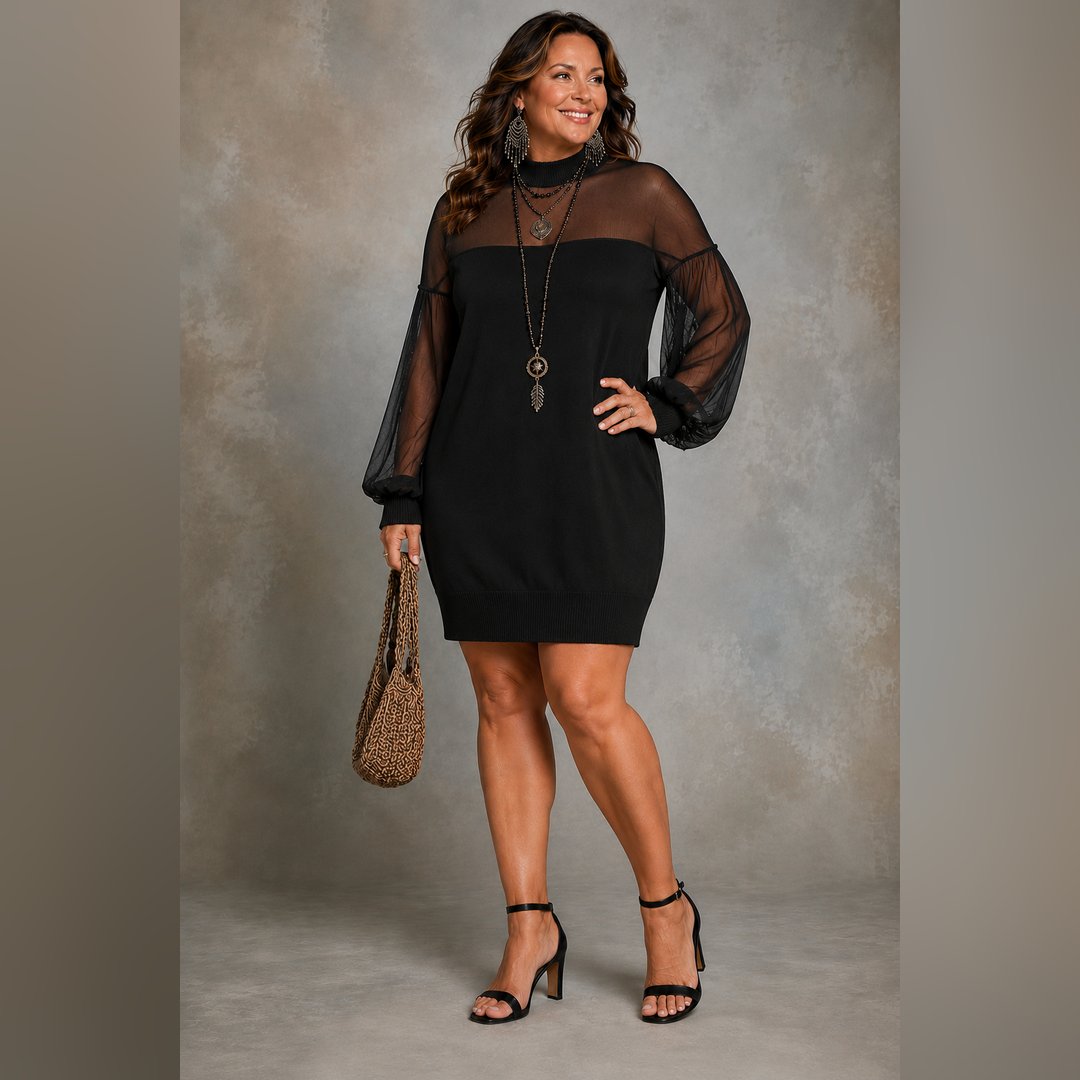 Rosemarie | Black Mesh-Sleeve Mini Dress