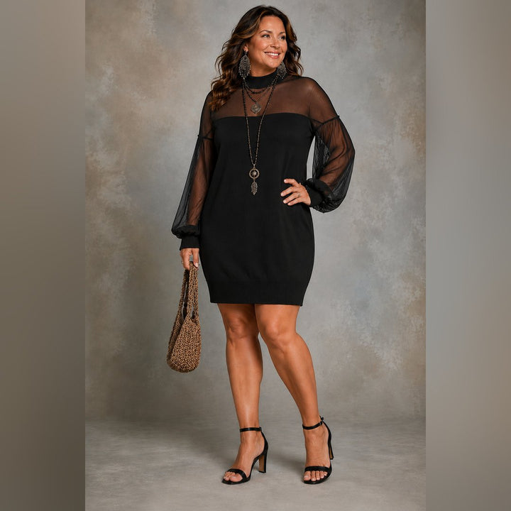 Rosemarie | Black Mesh-Sleeve Mini Dress