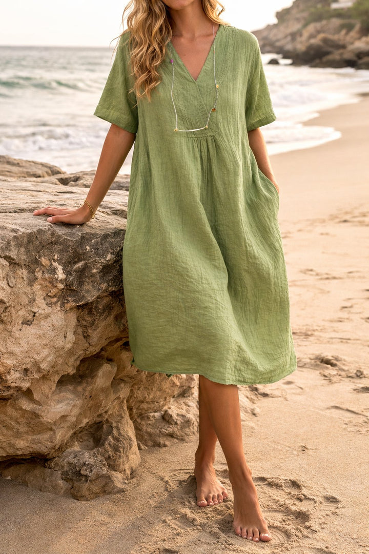 Sandy | Linen Relaxed V-Neck Midi Dress