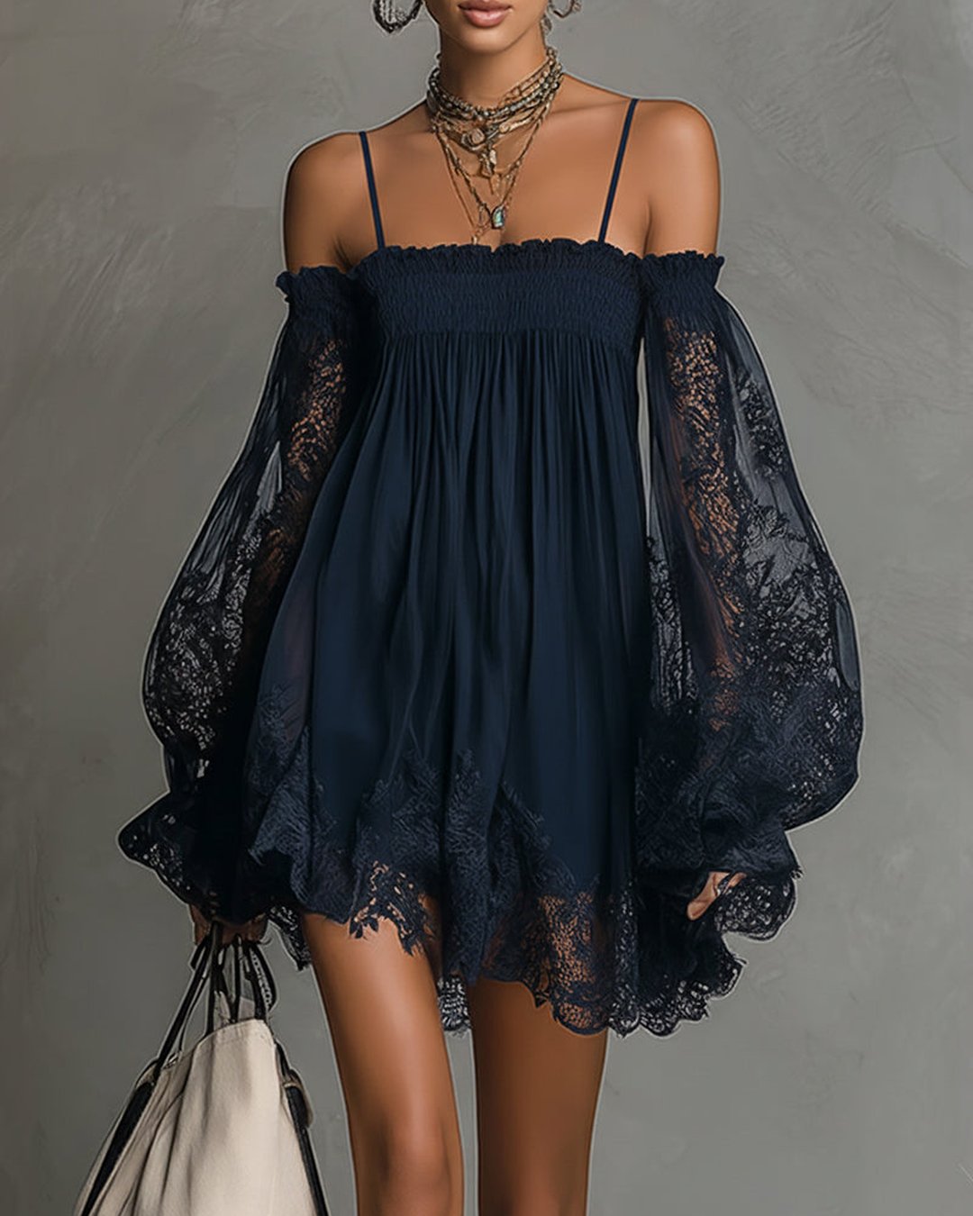 Persephonie | Navy Lace Chiffon Mini Dress