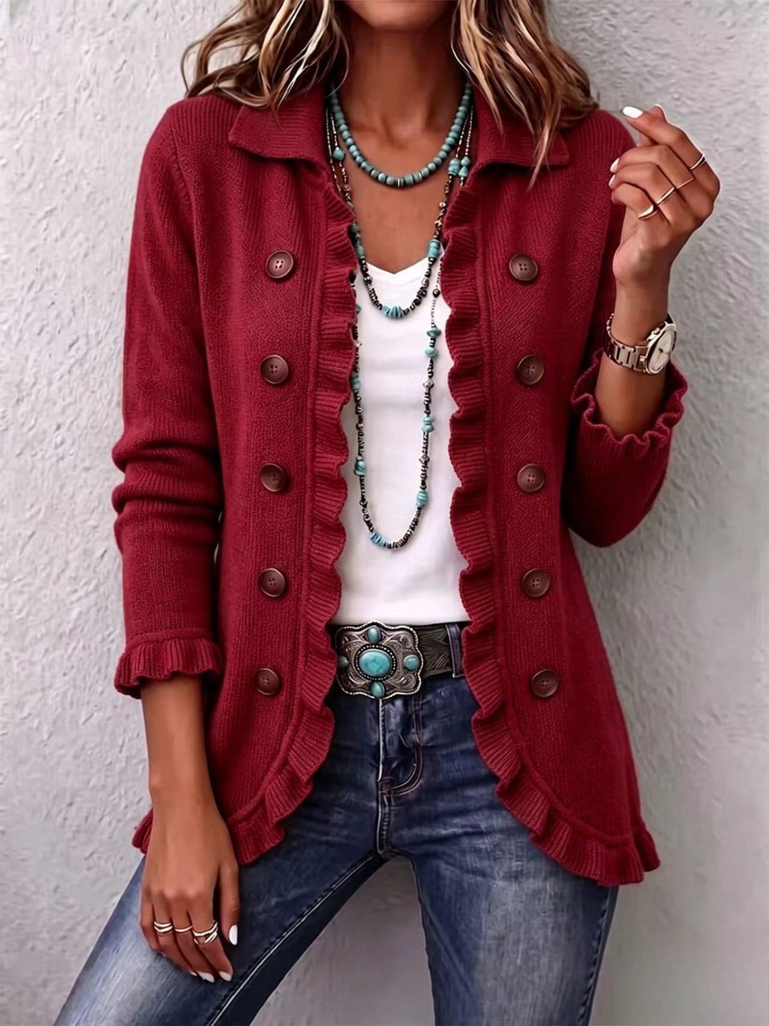 Cecily | Ruby Red Ribbed Knit Ruffle Jacket
