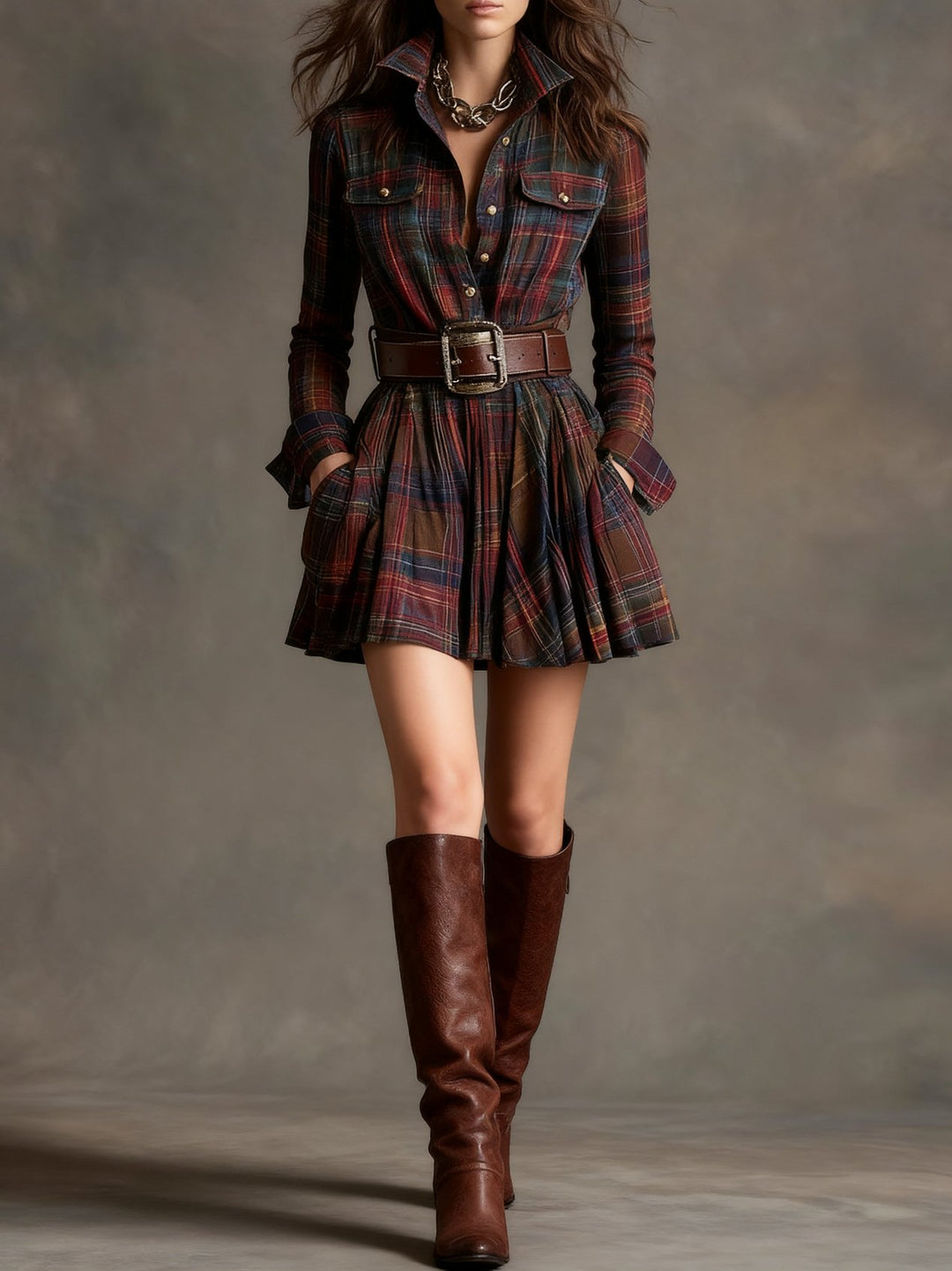Vincentina | Red and Brown Checked Mini Dress