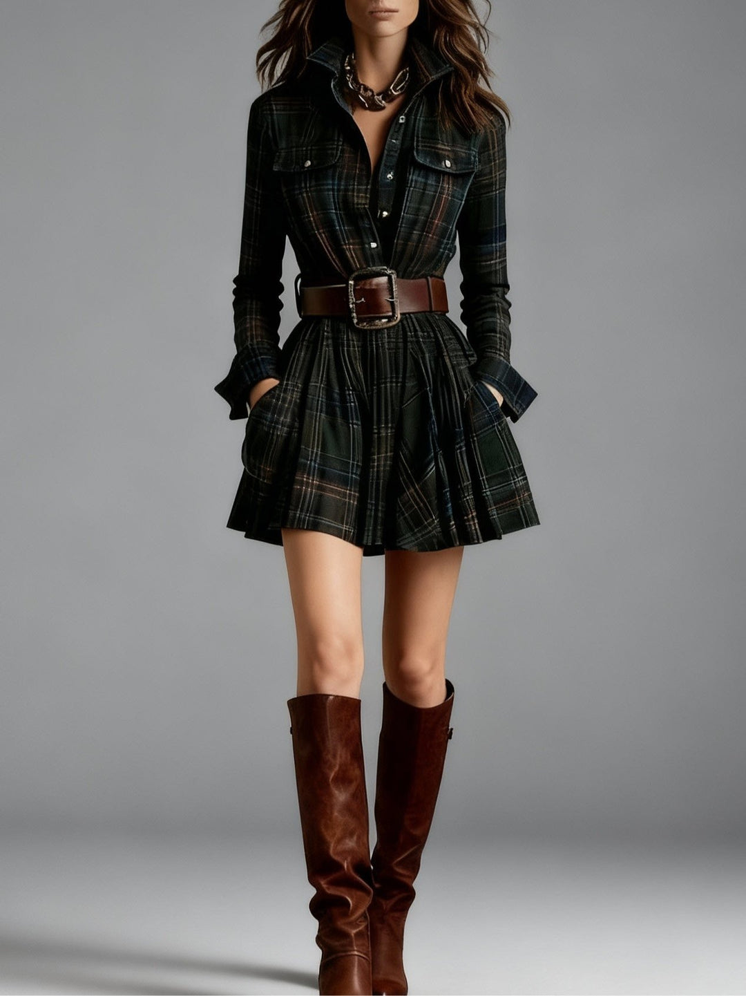 Vincentina | Red and Brown Checked Mini Dress