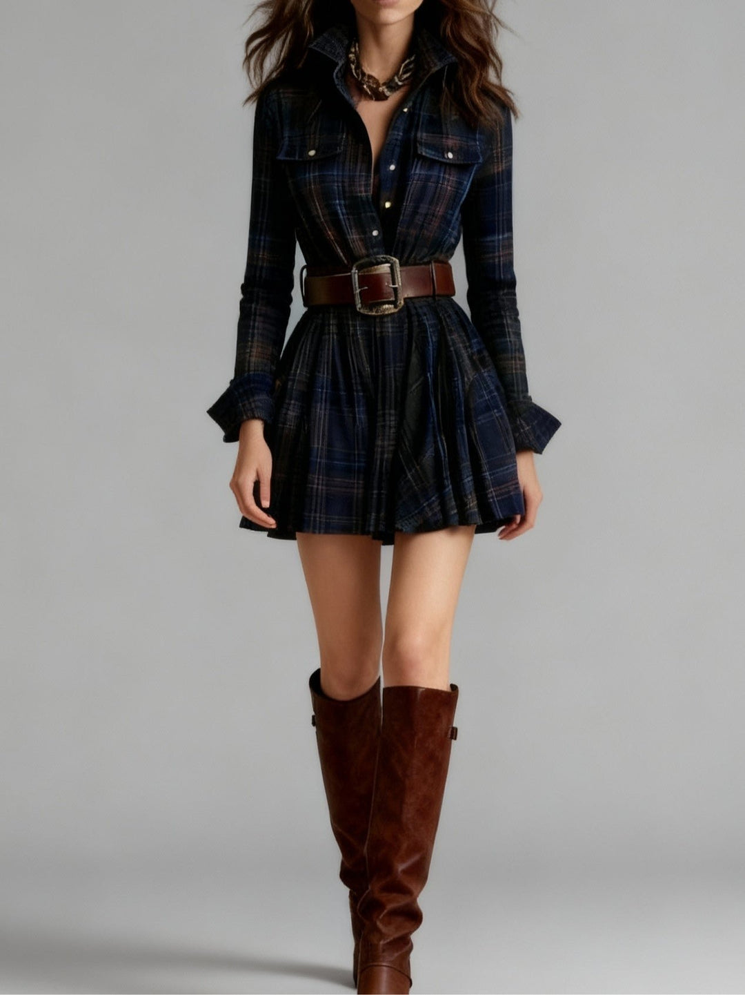 Vincentina | Red and Brown Checked Mini Dress