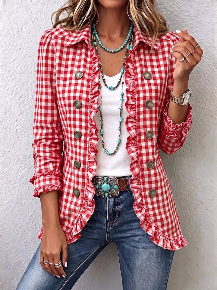 Rowena | Gingham Ruffled Button-Down Jacket
