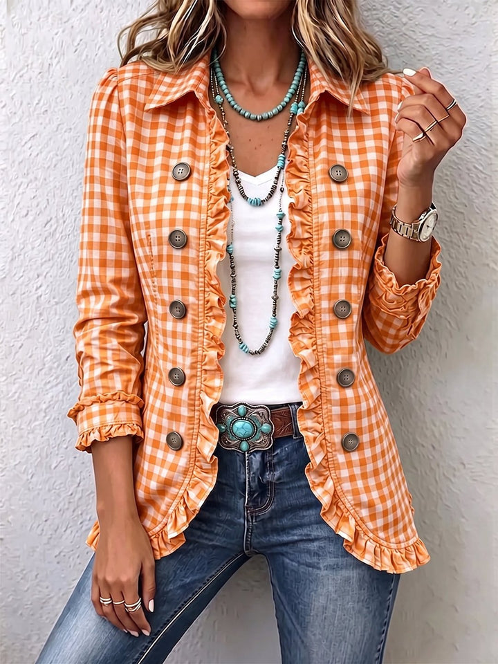 Rowena | Gingham Ruffled Button-Down Jacket