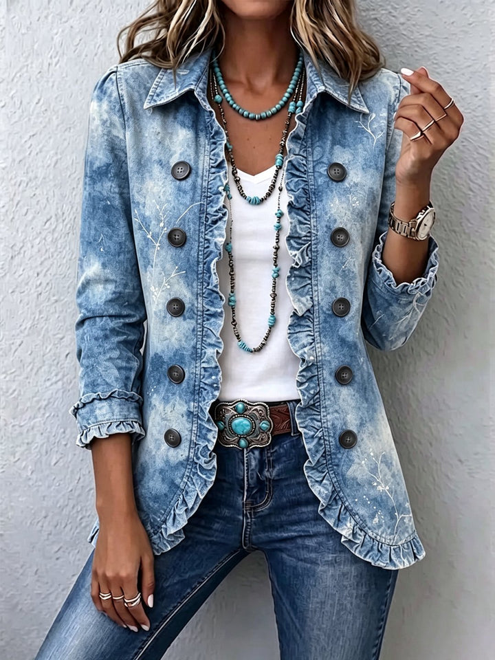 Averil | Boho-Style Gradient Vintage Botanical Print Ruffle-Detail Jacket