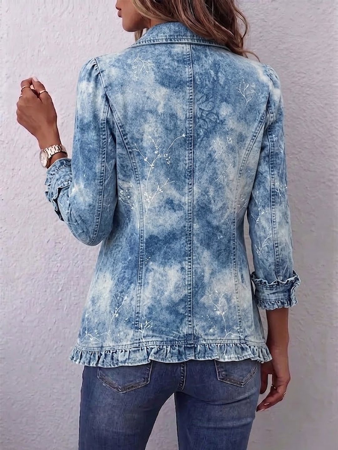 Averil | Boho-Style Gradient Vintage Botanical Print Ruffle-Detail Jacket