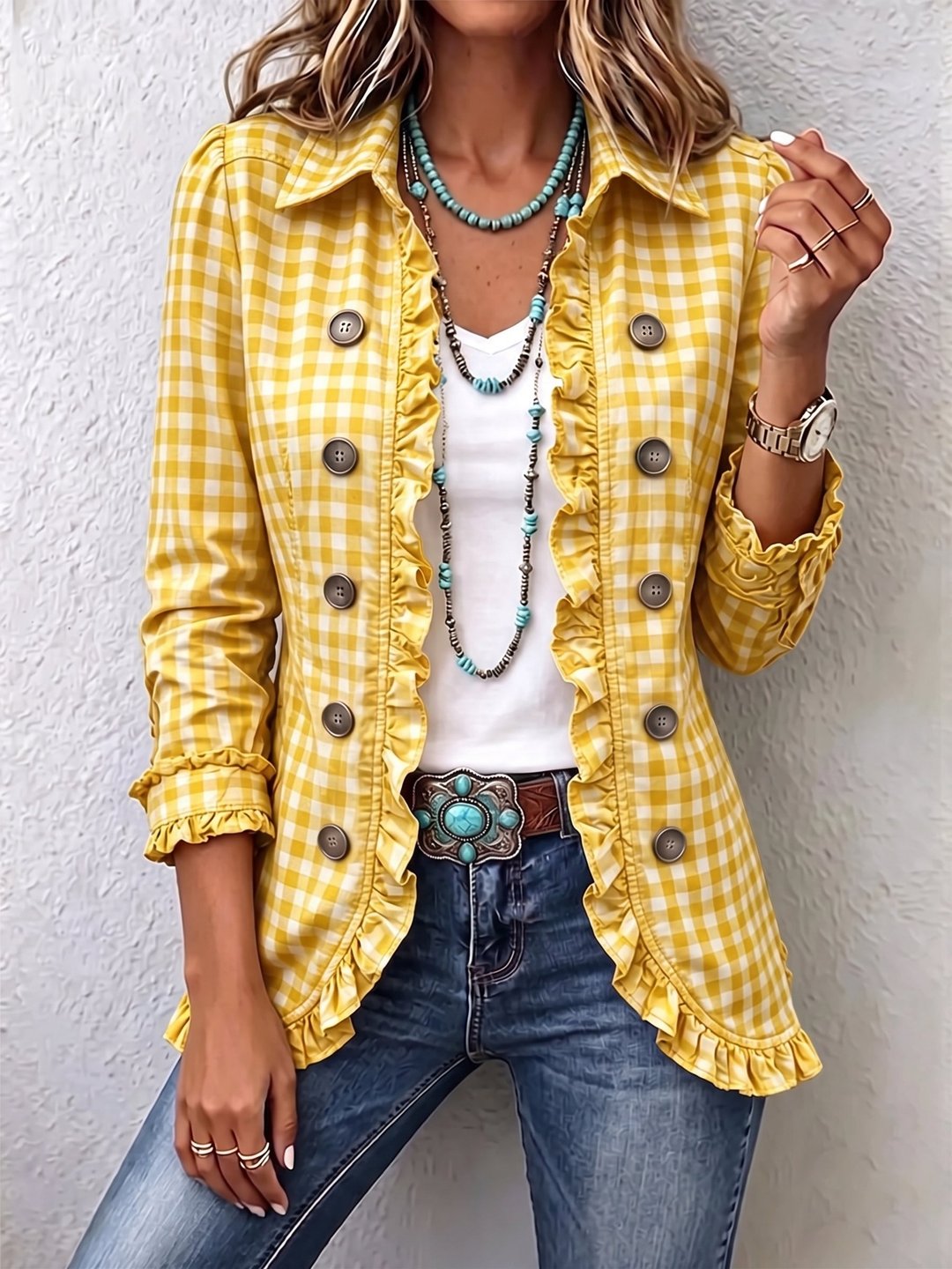 Rowena | Gingham Ruffled Button-Down Jacket