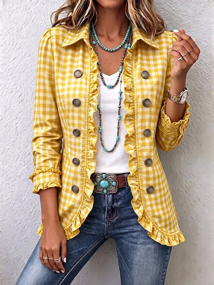 Rowena | Gingham Ruffled Button-Down Jacket