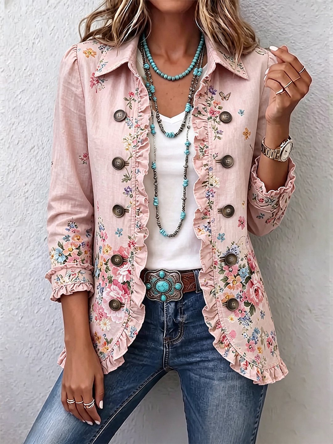 Rosaline | Floral Ruffle Button-Front Jacket