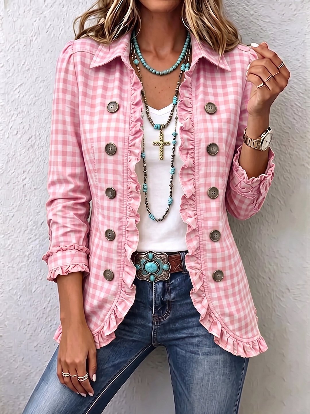 Rowena | Gingham Ruffled Button-Down Jacket