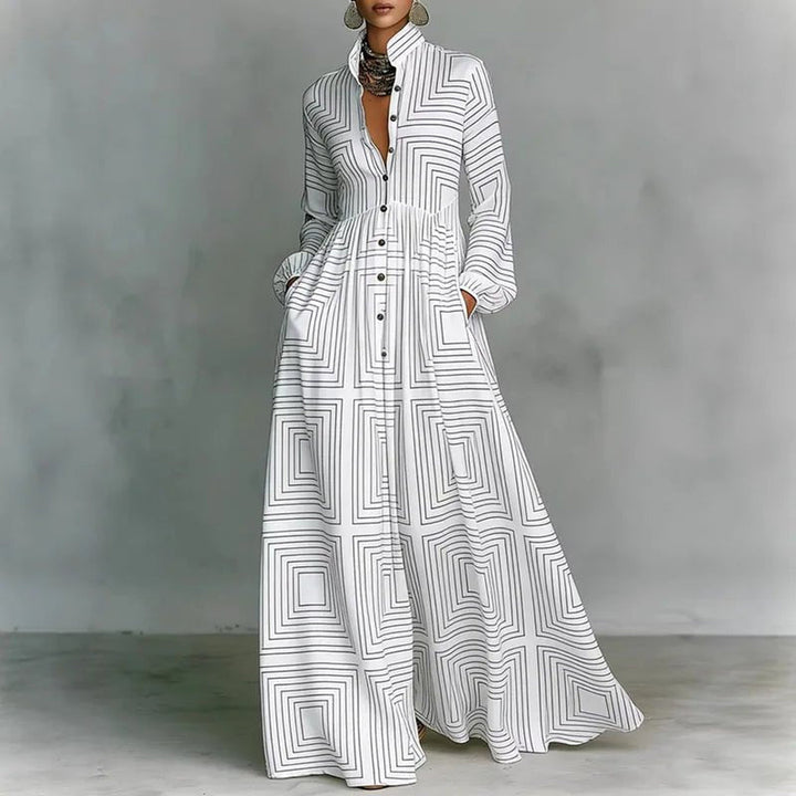 Nell | Printed Maxi Dress for Women with Stand Collar Long Sleeve Button Front High Waist Bohemian Style