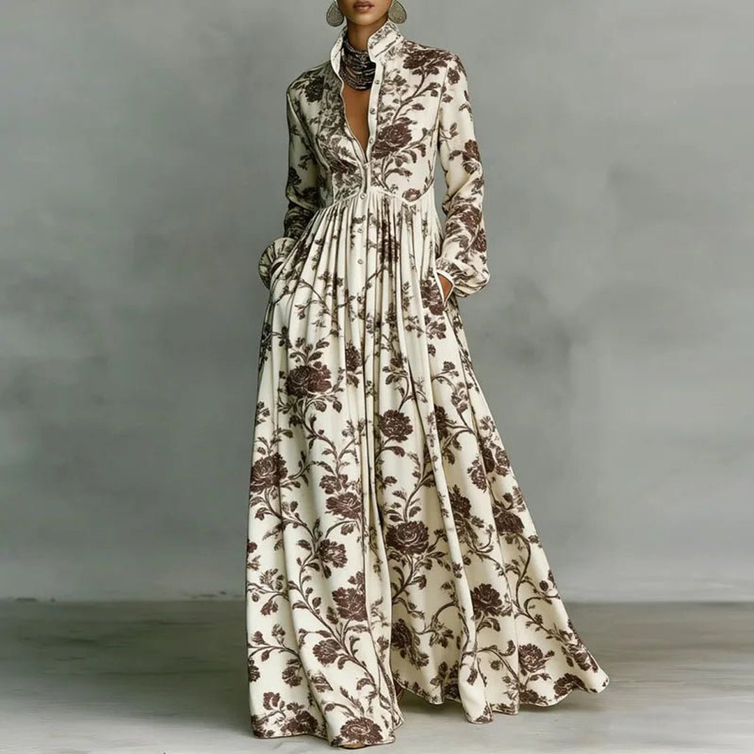 Nell | Printed Maxi Dress for Women with Stand Collar Long Sleeve Button Front High Waist Bohemian Style