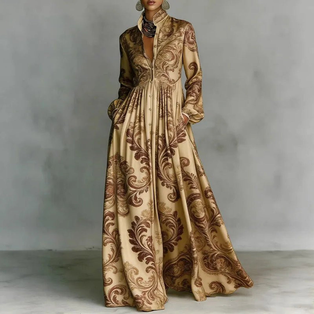 Nell | Printed Maxi Dress for Women with Stand Collar Long Sleeve Button Front High Waist Bohemian Style