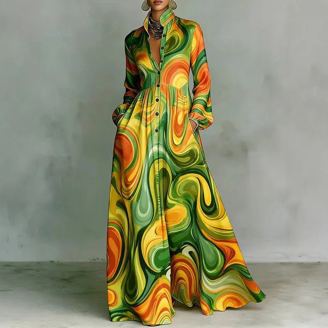 Nell | Printed Maxi Dress for Women with Stand Collar Long Sleeve Button Front High Waist Bohemian Style