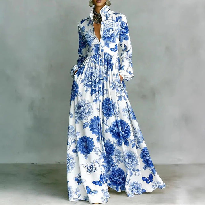 Nell | Printed Maxi Dress for Women with Stand Collar Long Sleeve Button Front High Waist Bohemian Style
