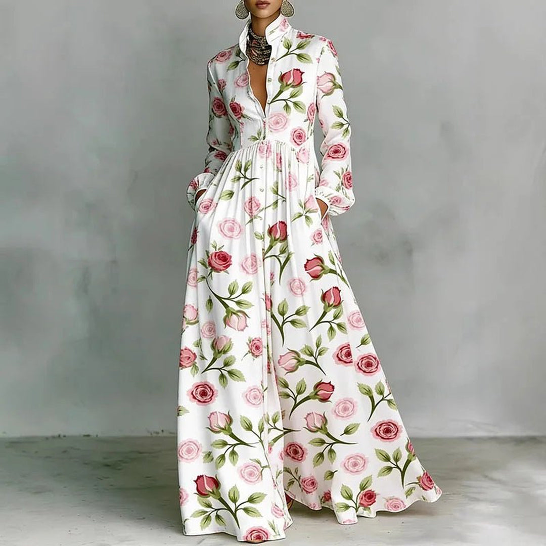 Nell | Printed Maxi Dress for Women with Stand Collar Long Sleeve Button Front High Waist Bohemian Style