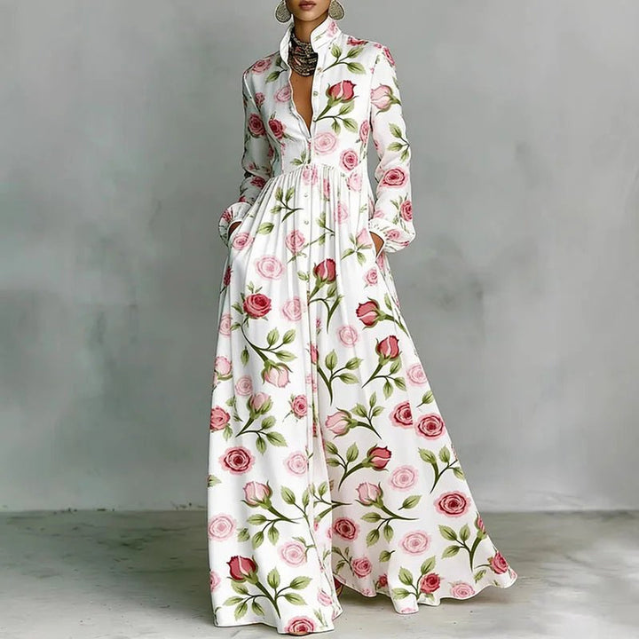 Nell | Printed Maxi Dress for Women with Stand Collar Long Sleeve Button Front High Waist Bohemian Style