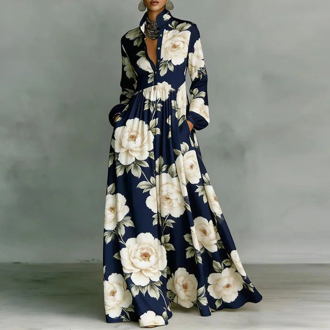 Nell | Printed Maxi Dress for Women with Stand Collar Long Sleeve Button Front High Waist Bohemian Style