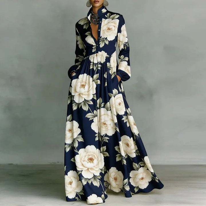 Nell | Printed Maxi Dress for Women with Stand Collar Long Sleeve Button Front High Waist Bohemian Style