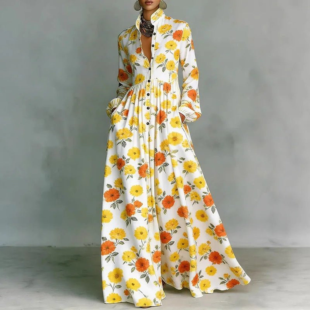 Nell | Printed Maxi Dress for Women with Stand Collar Long Sleeve Button Front High Waist Bohemian Style