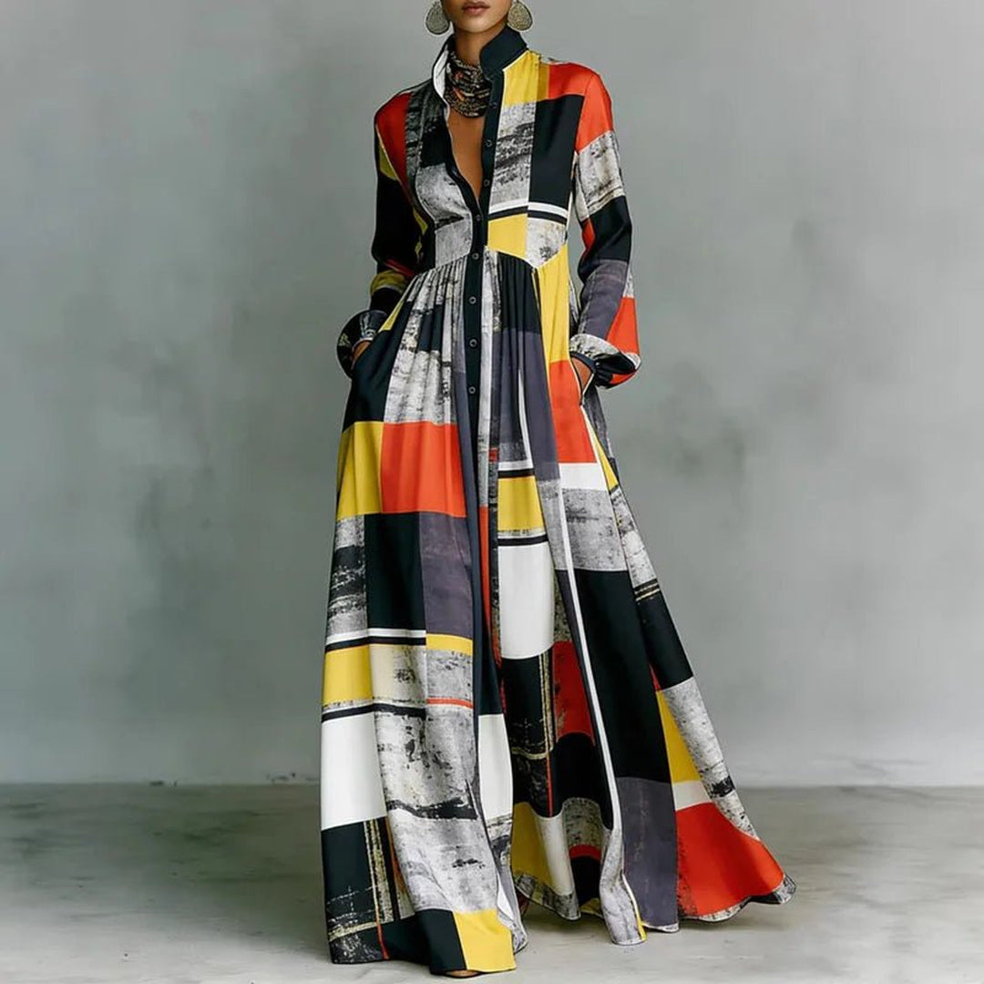 Nell | Printed Maxi Dress for Women with Stand Collar Long Sleeve Button Front High Waist Bohemian Style